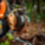 A close-up view of a tree root cutter machine in action