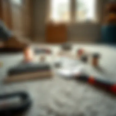 A close-up of carpet installation tools laid out on a floor