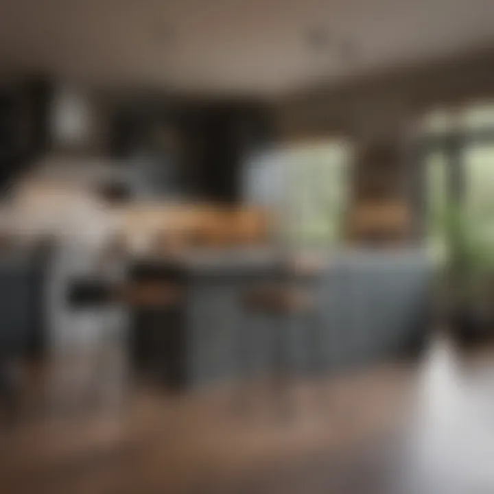 Measurement tools next to a kitchen island and bar stools