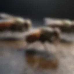 A close-up view of common outdoor flies resting on a surface.