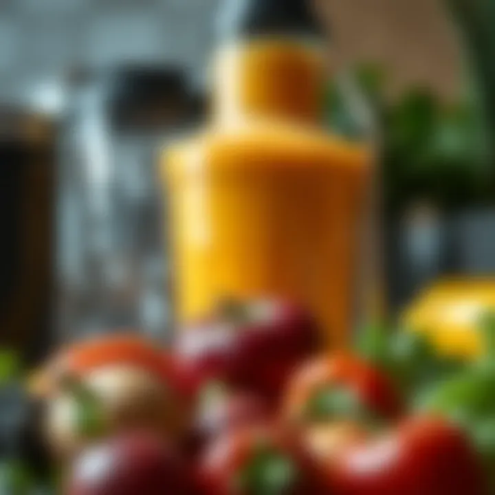 Close-up view of fresh fruits and vegetables prepared for juicing