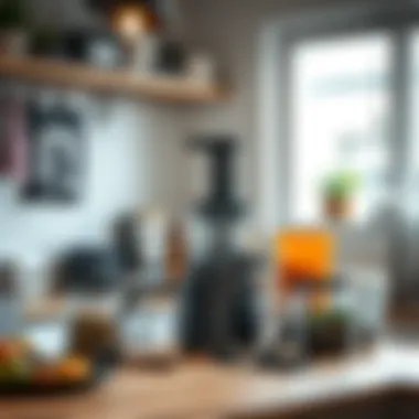 A well-organized kitchen with a juicer and maintenance tools on display