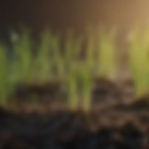 Close-up of freshly germinated grass seedlings