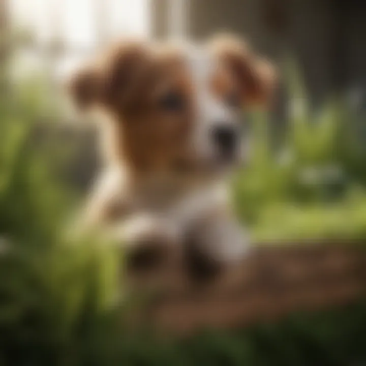 A serene puppy playing on a grass box indoors