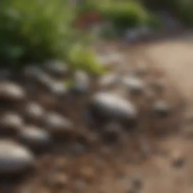 Close-up of various landscaping materials like stones, mulch, and soil