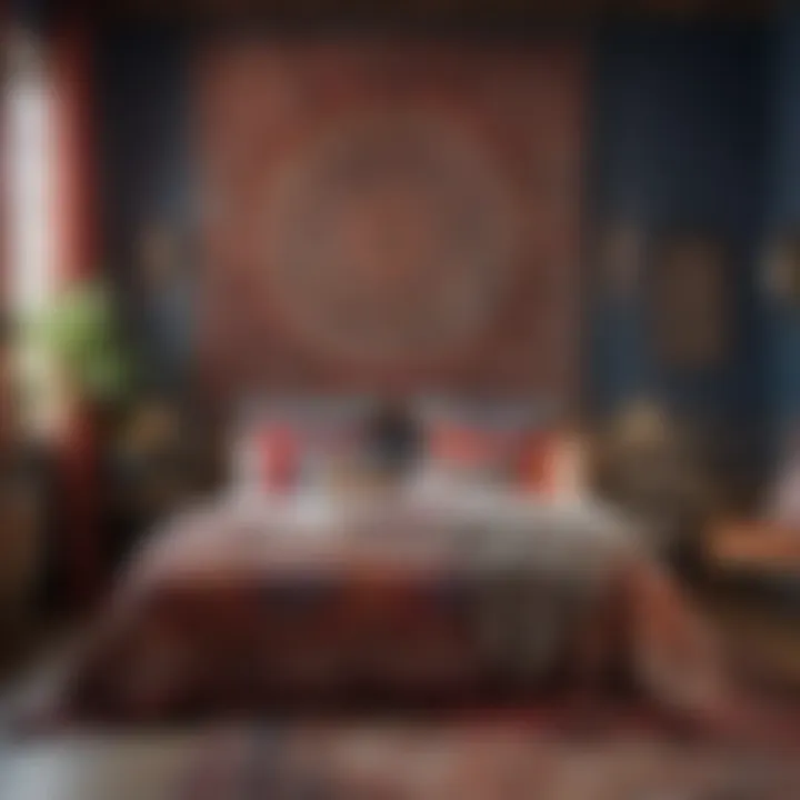 A vibrant bedroom decorated with bohemian-style tapestries and eclectic wall hangings.