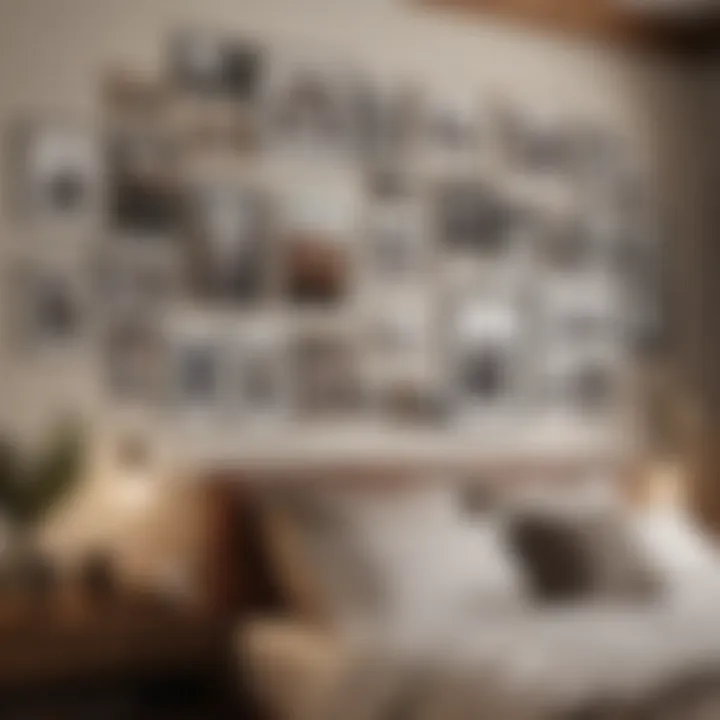 A cozy bedroom featuring a gallery wall filled with personal photographs and mementos.