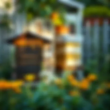 Urban Garden with Beehive An urban garden thriving alongside a well-maintained bee hive.
