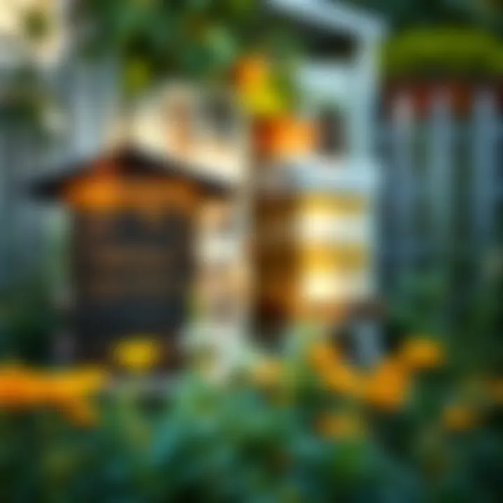 Urban Garden with Beehive An urban garden thriving alongside a well-maintained bee hive.