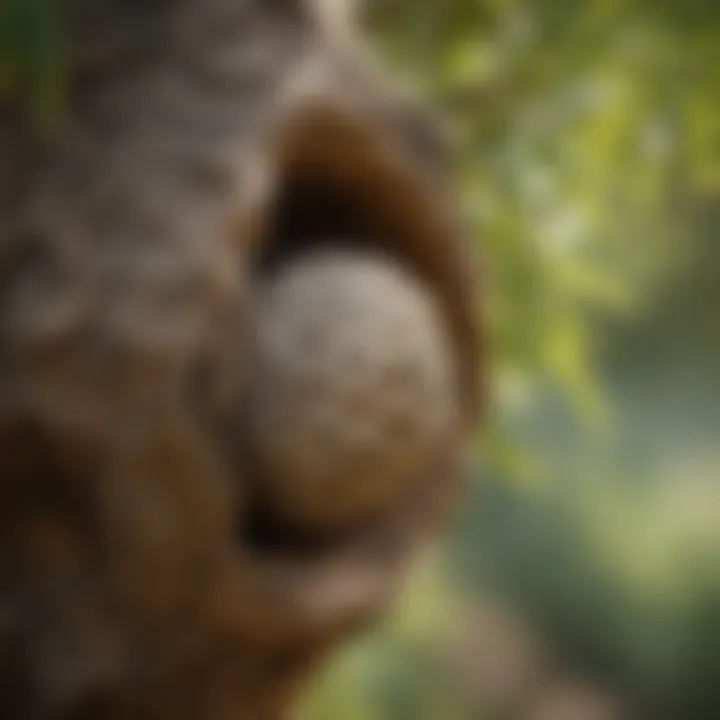 A close-up of a wasp nest hanging from a tree branch