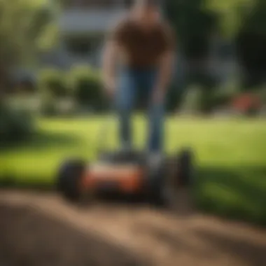 A lawn care expert applying synthetic fertilizer evenly.