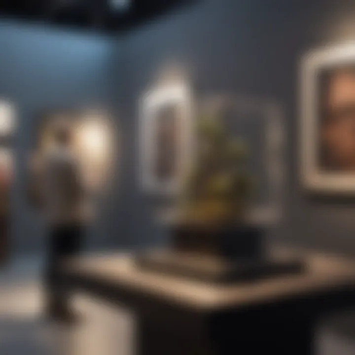 An elegant art fair with visitors examining unique art pieces.